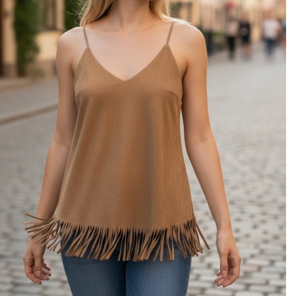Myrtis Gray Tan Faux Suede Fringe Tank Top V Neck Racerback Size M Boho Festival